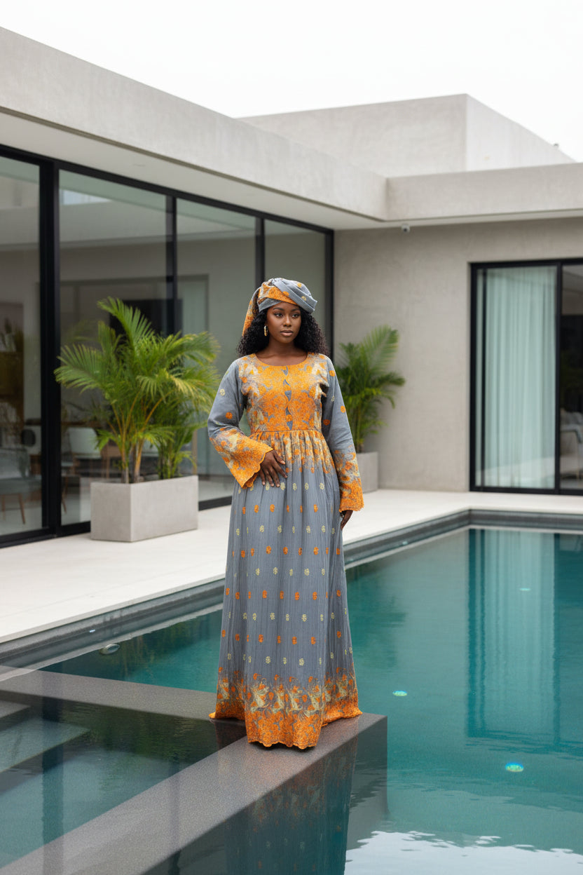 Robe taille Mame en Brodé Asli plissé idéale pour vous sublimer lors de vos cérémonies