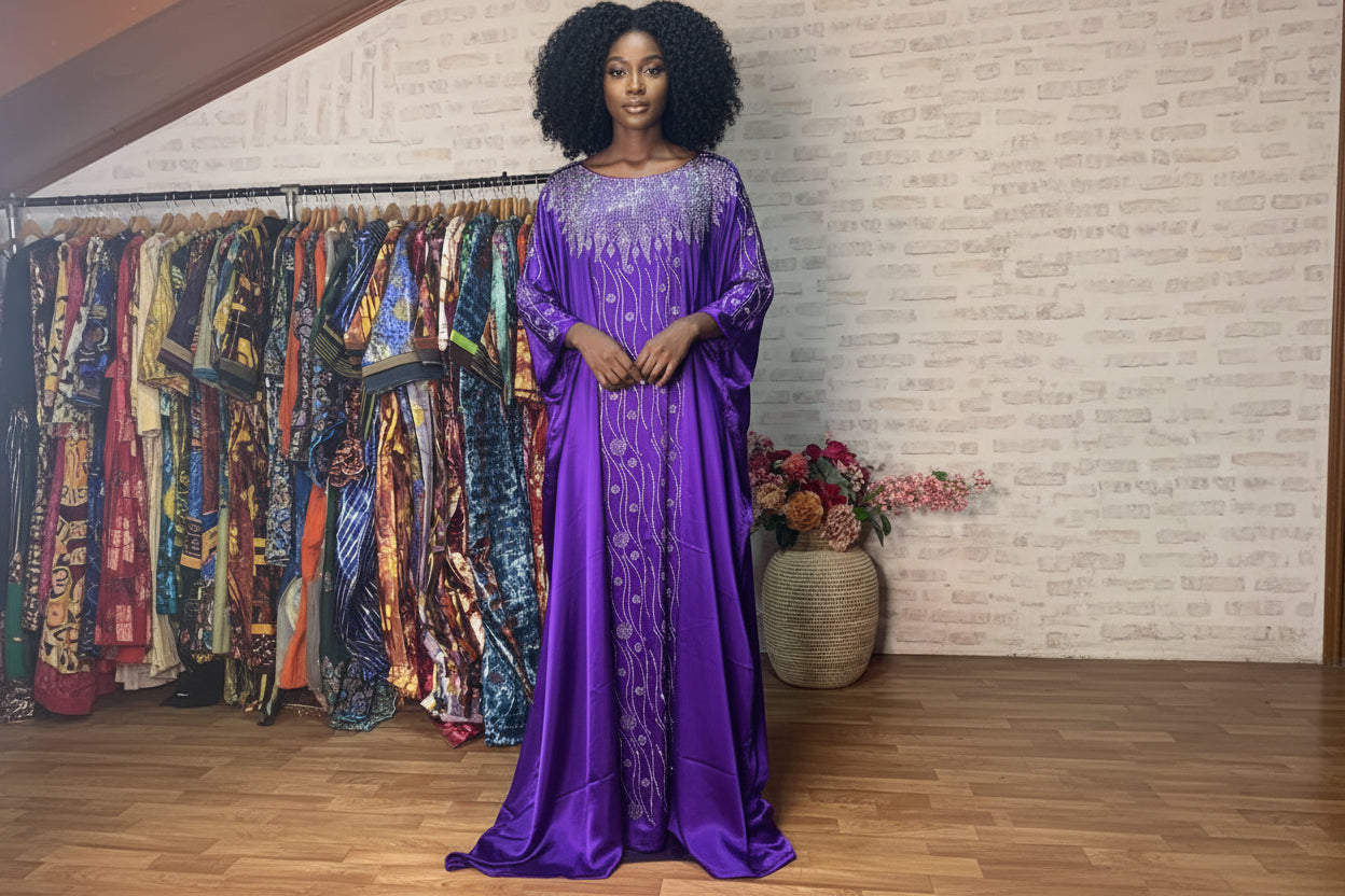 Grand boubou en soie glitter perlé aux cristals idéals pour vos cérémonie