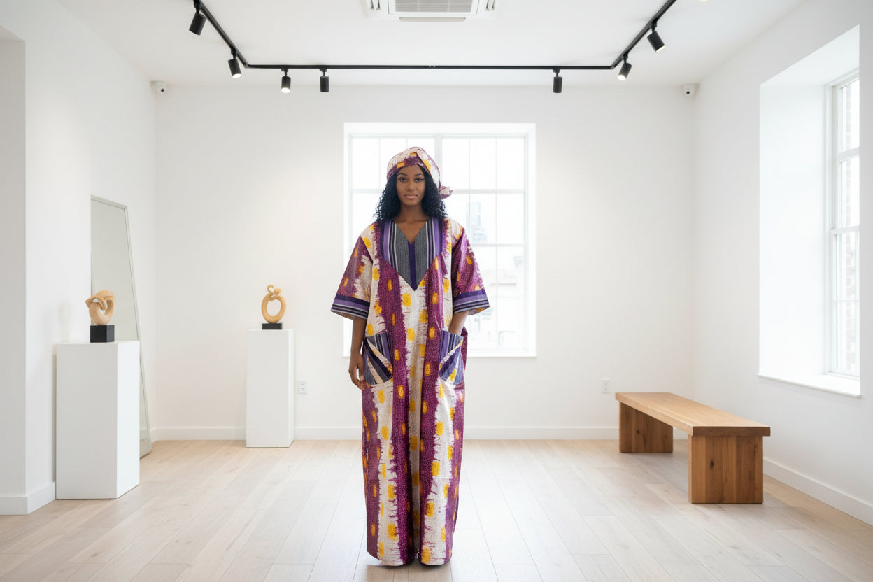 Robe en bazin patché avec du pagne tissé Asso-Oké