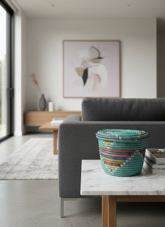 Panier artisanal en paille naturelle du Sénégal – DIAGOU_3 (Modèle Petit) pour rangement & déco intérieure, fait main & durable