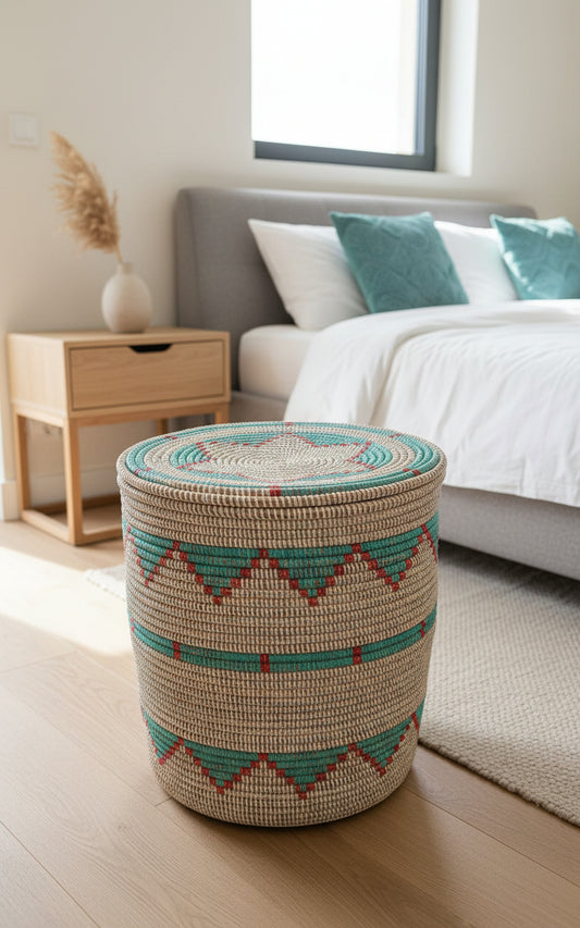 Panier DIAGOU_4 (Grand modèle) en Paille Naturelle du Sénégal – Rangement et Décoration Artisanale, Fait Main avec Matériaux Authentiques et Finition Élégante pour Intérieur Durable