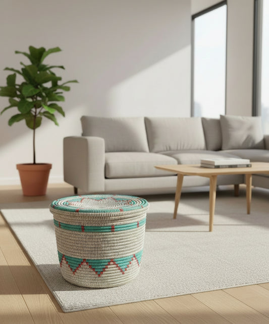 Panier DIAGOU_4 (Modèle Moyen) en Paille Naturelle du Sénégal – Rangement et Décoration Artisanale, Fait Main avec Matériaux Authentiques et Finition Élégante pour Intérieur Durable