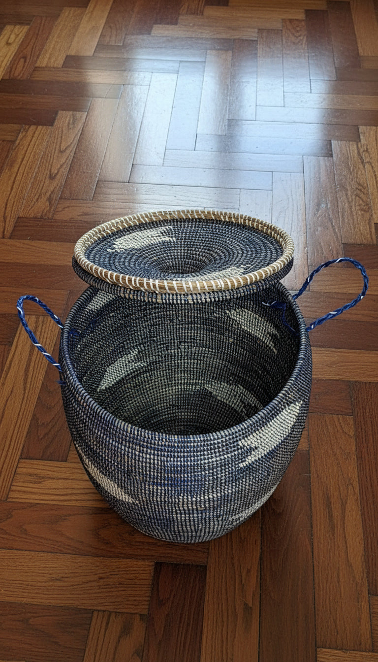 Panier MBOUL'S_A3 Bleu en Fibre Naturelle – Artisanat Soyeux & Finition Colorée