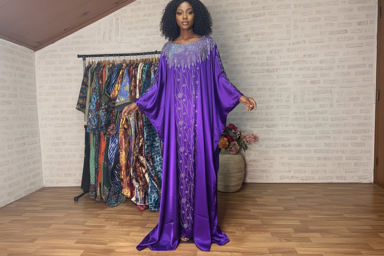 Grand boubou en soie glitter perlé aux  cristals idéals pour vos cérémonie