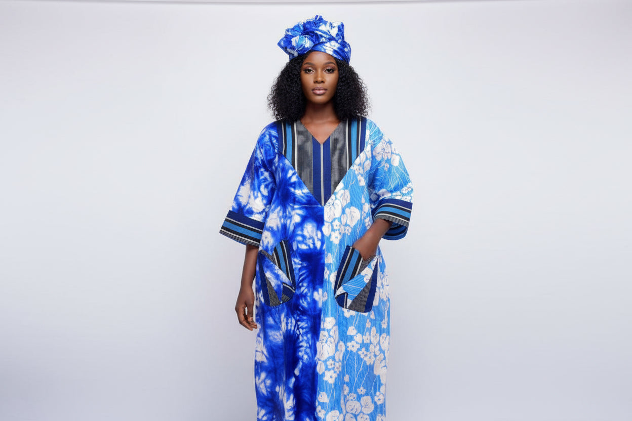 Robe en bazin patché avec du pagne tissé Asso-Oké