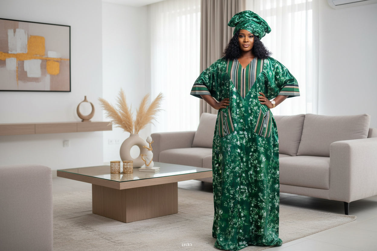 Robe en bazin patché avec du pagne tissé Asso-Oké