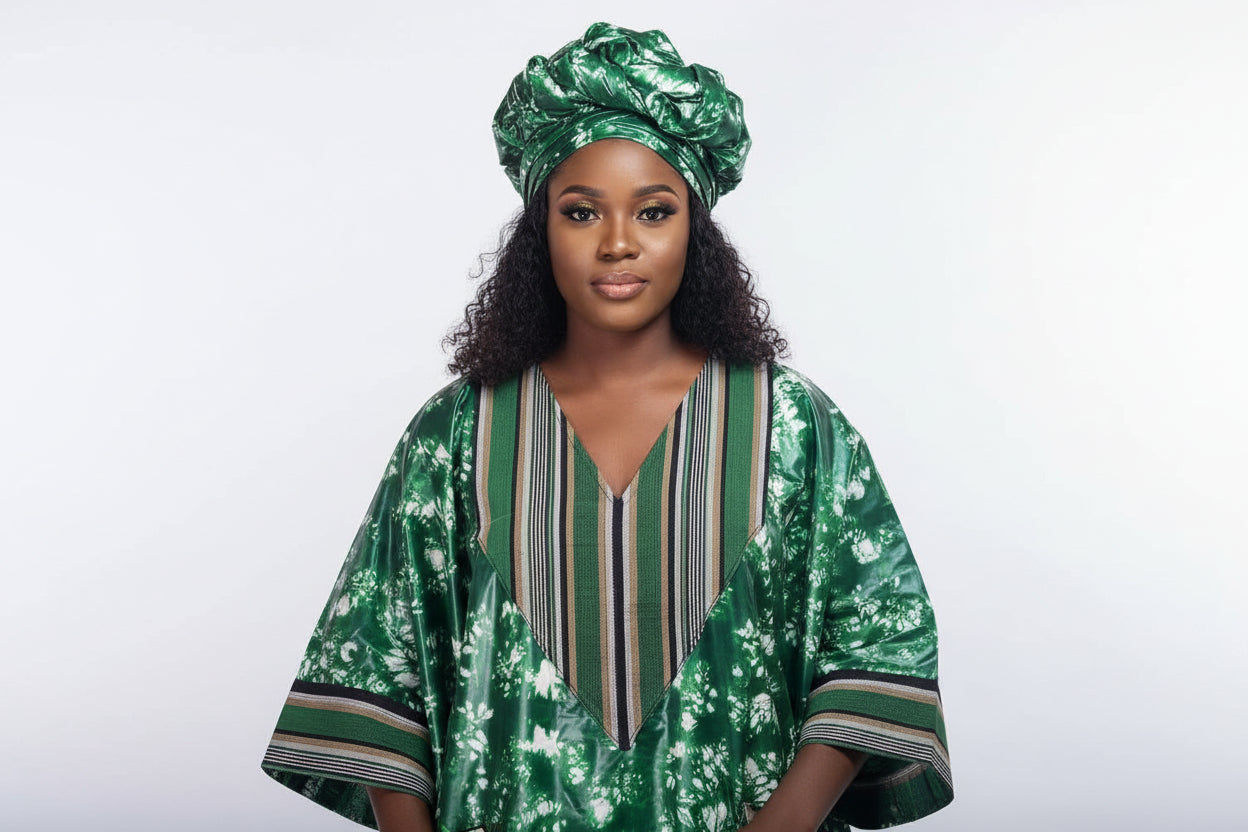 Robe en bazin patché avec du pagne tissé Asso-Oké