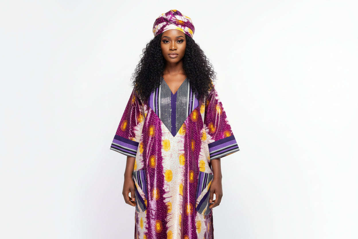 Robe en bazin patché avec du pagne tissé Asso-Oké